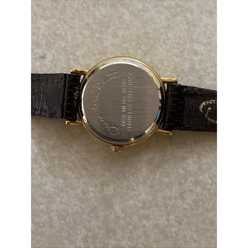 Vintage Oscar de la Renta Gold Quartz Ladies Watch Black Leather Strap